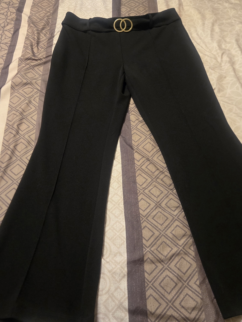 Women's Black Wide-Leg Trousers with Gold Ring Waist Detail